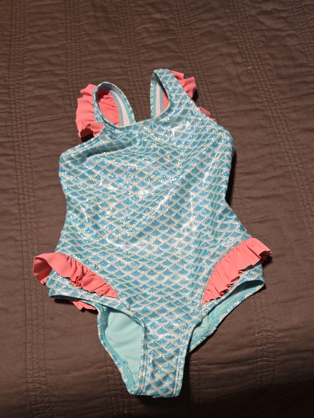 Sparkling Aqua Mermaid One-Piece Swimsuit with Pink Ruffle Trim